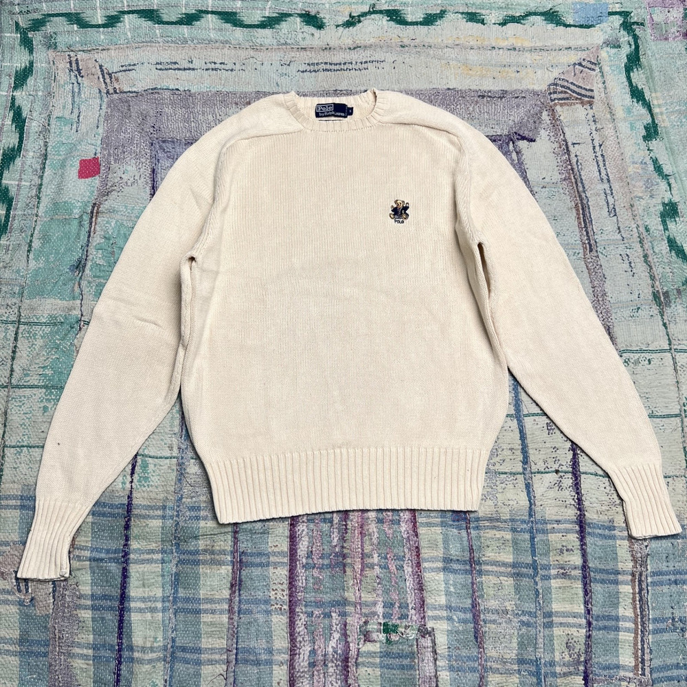 Polo Ralph Lauren Sweater Mens Small Ivory Polo Bear Knit Crewneck Pullover